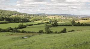 a green field with a barn in the middle of it at Luxury Shepherds Hut with Hot Tub Valley Views in Scarborough