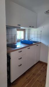 a kitchen with white cabinets and a sink at Landhof Trittelwitz in Schönfeld