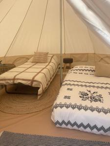 a bedroom with two beds in a tent at Glamping La Octav in Tîrpeşti