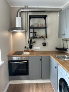 a kitchen with a stove and a sink at Skandi Appartments in Saldus city center in Saldus