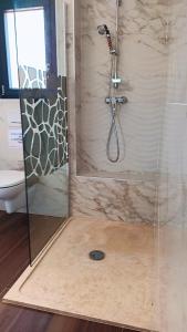 een douche met een glazen deur in de badkamer bij Agréable chambre dans le maquis in Bonifacio