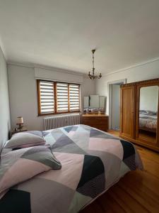 ein Schlafzimmer mit einem großen Bett und einem Fenster in der Unterkunft Le Cerisier - Charmante maison dans le vignoble in Sigolsheim