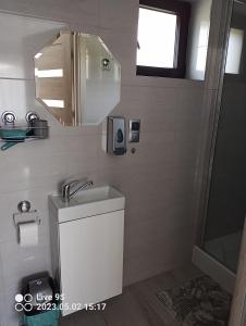 a bathroom with a sink and a mirror and a shower at Noclegi MAJA in Solina