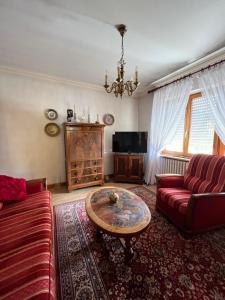 - un salon avec un canapé et une table basse dans l'établissement Le Cerisier - Charmante maison dans le vignoble, à Sigolsheim