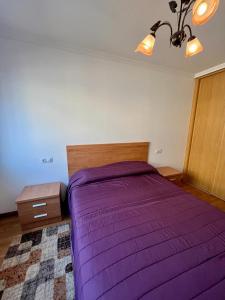 a bedroom with a purple bed with a wooden headboard at Playa grande Miño travesía in Miño