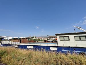 a blue and white boat sitting in the grass at Captain's cabin: Cosy flat on a house boat in Strasbourg