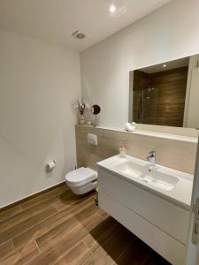 ein Badezimmer mit einem WC, einem Waschbecken und einem Spiegel in der Unterkunft Lustica Bay - Centrale 1 Bed Apartment in Tivat