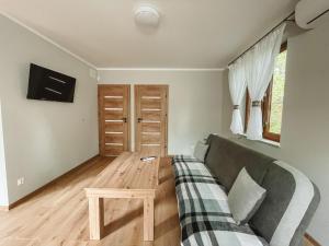 uma sala de estar com um sofá e uma mesa em Apartamenty Grey em Okuninka