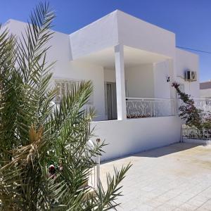 una casa blanca con una palmera delante de ella en Dar ettawfik, en Tataouine