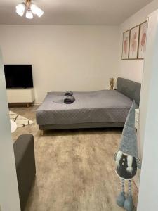 ein Schlafzimmer mit einem Bett, einem TV und einem Sofa in der Unterkunft Stilvolle Ferienwohnung mit Stellplatz WLAN free Netflix Nähe Bahnhof in Zwickau