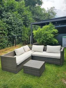 a wicker couch with two pillows sitting on the grass at Jacuzzi huisje De Berenshoeve in Emmen