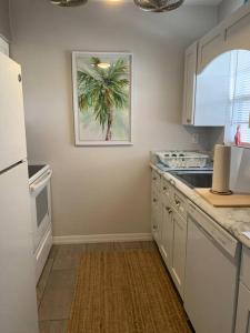 a kitchen with a palm tree painting on the wall at Ormond Beach, fun & loving sun! in Ormond Beach