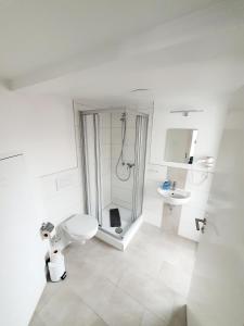 een badkamer met een douche, een toilet en een wastafel bij Hafen Appartements Wismar in Wismar