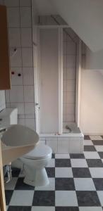 een badkamer met een toilet, een wastafel en een douche bij U Izy i Romana in Jarosławiec