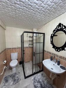 a bathroom with a toilet and a sink and a mirror at WHİTE HOUSE in Trabzon