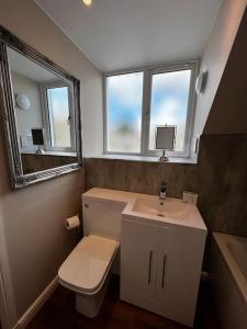 a bathroom with a sink and a toilet and a mirror at Roslin Templar loft in Roslin