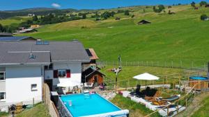 an aerial view of a house with a swimming pool at Gasthaus Alpina in Tschappina