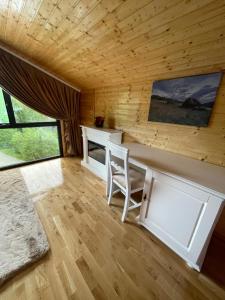 Zimmer mit einem Schreibtisch und einem Stuhl in einer Hütte in der Unterkunft Pensiunea AlexOlar New One in Arada