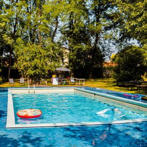 a swimming pool with a red frisbee in the water at Villa Trigatti Udine Galleriano 