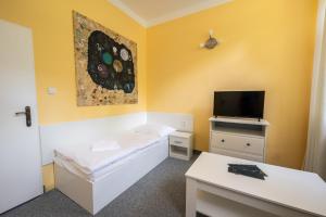 a small room with a bed and a tv at Lázně Meziboří in Meziboři