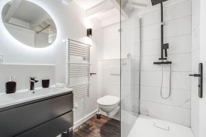 y baño blanco con aseo y ducha. en  Le Bohème superbe Loft fonctionnel et central, en Saint-Étienne