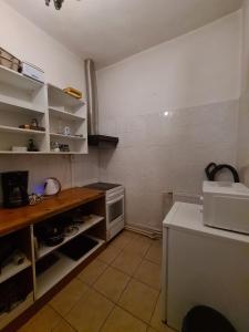 a small kitchen with white shelves and a stove at Penzion De Monte in Horní Planá