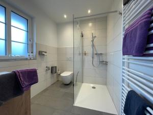 a bathroom with a glass shower and a toilet at Hotel TraumzeitHof in Eschede +51 photos