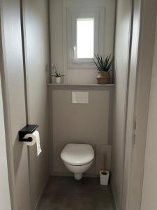 a small bathroom with a toilet and a window at Chalet Eguzkitsua 3 étoiles avec piscine et barbecue - pays basque - in Hasparren +5 photos