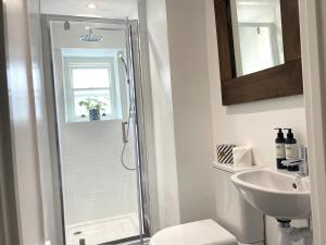 a bathroom with a shower and a toilet and a sink at Charming Studio in Heart of Vibrant St Just, West Cornwall in St Just