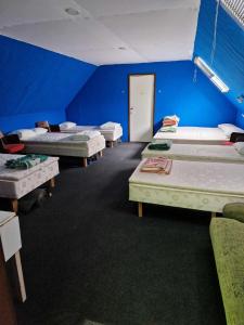 a room with four beds in a room with a blue wall at Annimatsi Camping in Otepää