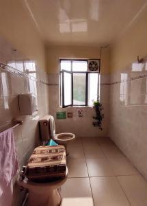 een badkamer met een toilet en een raam bij Spanish Friends in Sucre
