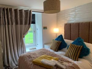 a bedroom with a bed with blue pillows and a window at Central Scotland Country Side With Outdoor Bbq Hut in Strathaven