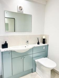 a bathroom with a sink and a toilet and a mirror at Aplanty Nest amidst the Orchard 