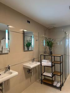 y baño con 2 lavabos y ducha. en Penthouse Poiana Brașov B44, en Poiana Brasov