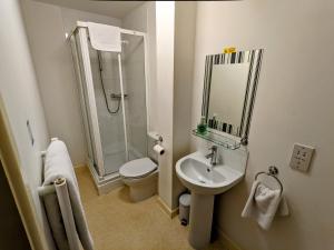 een badkamer met een douche, een toilet en een wastafel bij The White Horse in Linslade