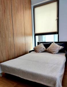 Schlafzimmer mit einem Bett mit einem Fenster und einem Kissen in der Unterkunft Velvet Room in Mamaia Nord – Năvodari