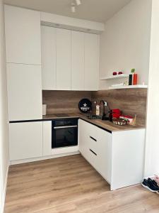 kuchnia z białymi szafkami i czarną kuchenką mikrofalową w obiekcie Le bellevue apartment w mieście Llogara