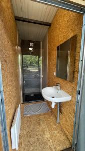 ein Bad mit einem Waschbecken und einem Spiegel in der Unterkunft Hébergement au bord de l'eau 