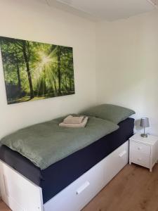 Un dormitorio con una cama con un cuadro en la pared. en Haus Eva, en Groß Gusborn