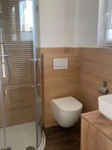 a bathroom with a toilet and a glass shower at Haus Eva in Groß Gusborn +7 photos