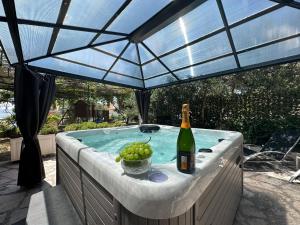 a bottle of wine and a bowl of fruit in a hot tub at Jacuzzi apartman Marin in Bol