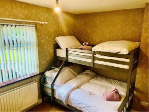 three bunk beds in a room with a window at Glenview Cottage in Keady