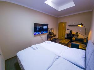um quarto com uma cama e uma televisão de ecrã plano em Aparthotel Olympland em Trutnov