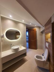 een badkamer met een toilet, een wastafel en een spiegel bij Castle Hotel in Gjirokastër
