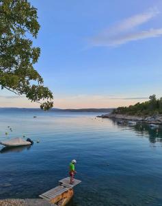 a person standing on a dock fishing on a lake at Apartments Lucia&Veronica in Dramalj