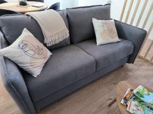 Un sofá gris con dos almohadas. en Coeur de Caux, en Yvetot