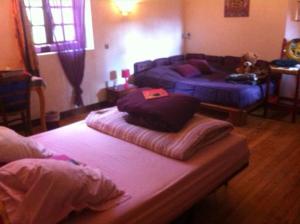 - un salon avec deux lits et un canapé dans l'établissement Gîte de la perge haute, à Vals-les-Bains