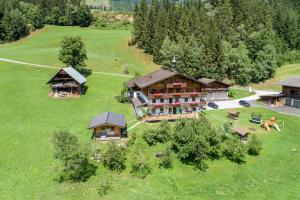 eine Luftansicht eines großen Hauses auf einem Feld in der Unterkunft Peilberghof in Hollersbach im Pinzgau