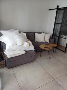 un sofá con almohadas y una mesa en una habitación en BOSZKOWO Apartament "EDEL" 106 Aquarius en Boszkowo-Letnisko