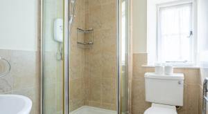 een badkamer met een douche, een toilet en een wastafel bij Forge Cottage in Rusland +7 foto's